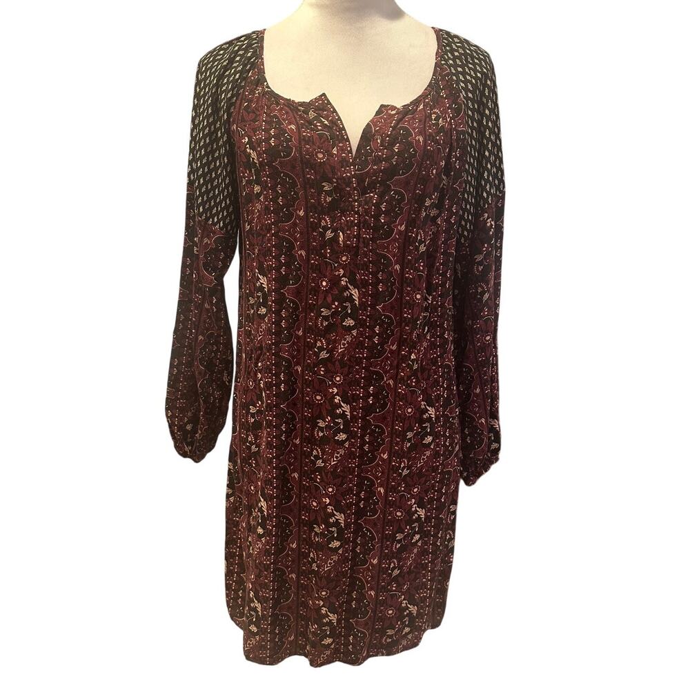 Dina Be Women's Long sleeve Boho Geometric Pattern Notch Neck Mini Dress S
